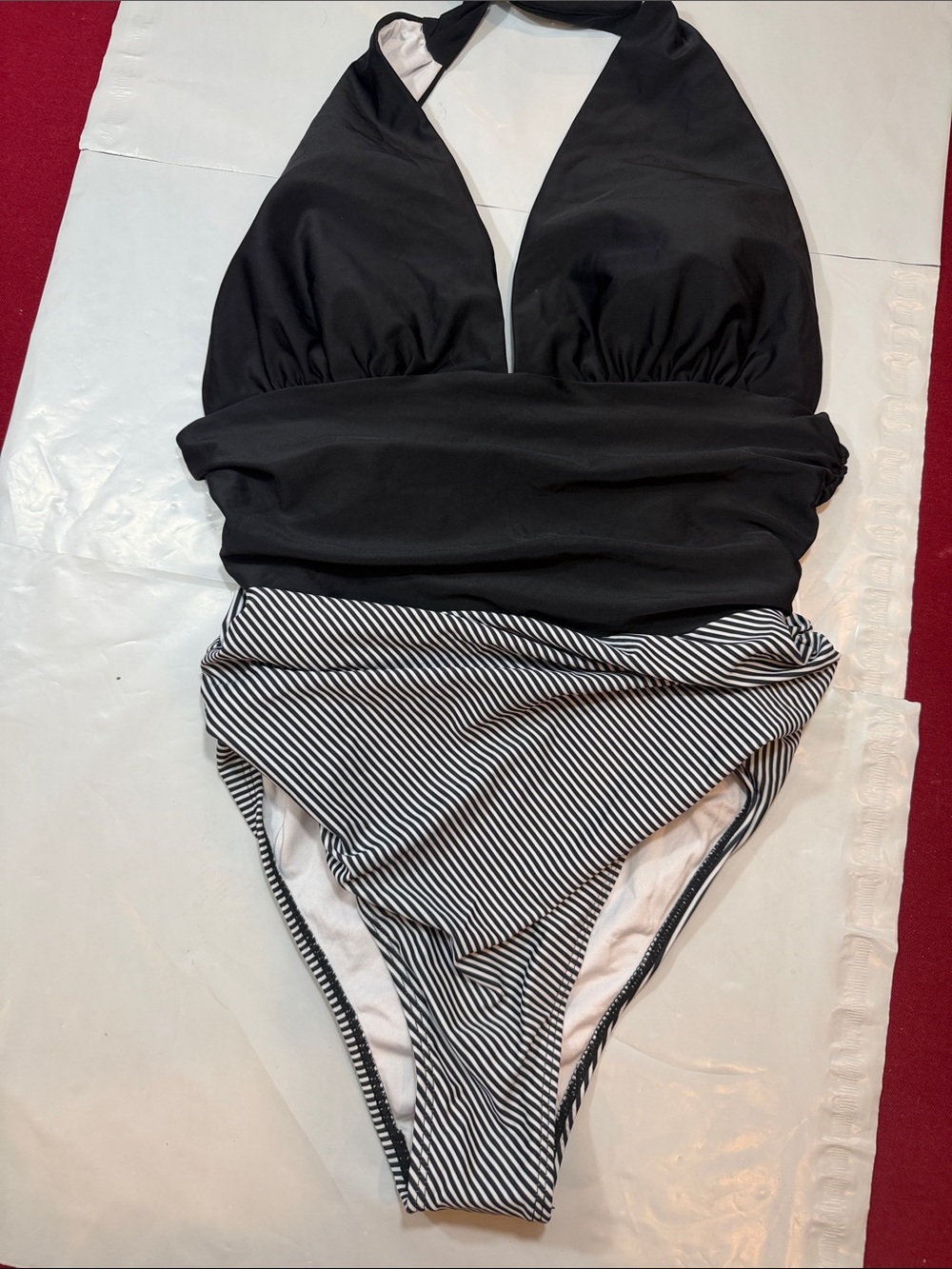 One Piece Halter Bathing Suit - Pink Black and White - Size Large - Never Worn